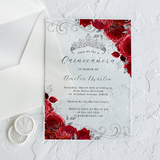 Red Silver Clear Acrylic Floral Quinceanera  Acrylic Invitations (Creator Uploaded)