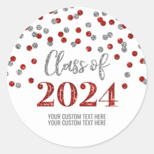 Red Silver Confetti Graduation 2024 Classic Round Sticker