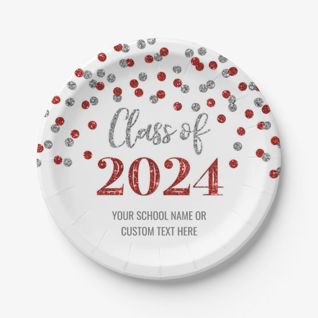 Red Silver Confetti Graduation 2024 Paper Plate (Front)