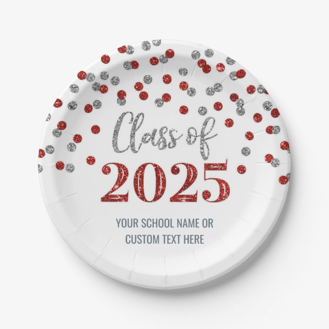 Red Silver Confetti Graduation 2025 Paper Plate (Front)
