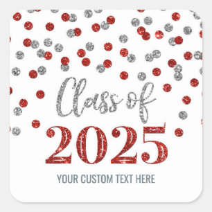 Red Silver Confetti Graduation 2025  Square Sticker