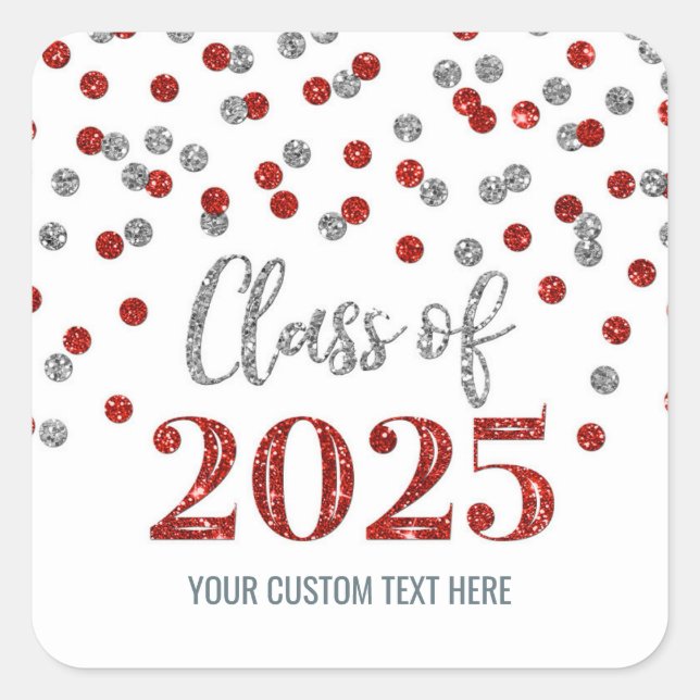 Red Silver Confetti Graduation 2025  Square Sticker (Front)