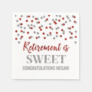 Red Silver Confetti Retirement is Sweet Napkin