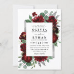 Red & Silver Country Burgundy Rose Winter Wedding Invitation<br><div class="desc">Design features watercolor peony and rose floral elements in shades of red and burgundy over eucalyptus botanical greenery. Template also features a printed silver or grey coloured box for an added elegant layout. The typography displays a modern layout with black text. View the collection link on this page to find...</div>