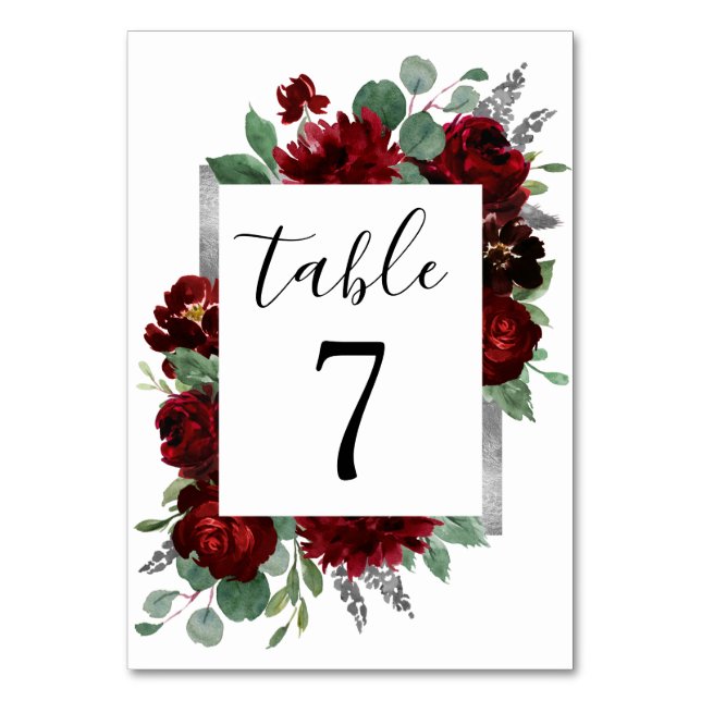Red & Silver Country Burgundy Rose Winter Wedding Table Number (Front)