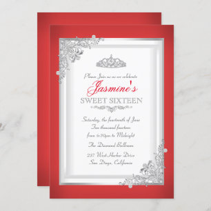 Red Silver Damask Tiara Sweet 16 Birthday Invitation