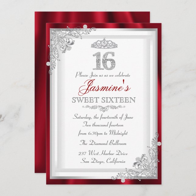 Red Silver Diamond Damask Tiara Sweet 16 Invite (Front/Back)