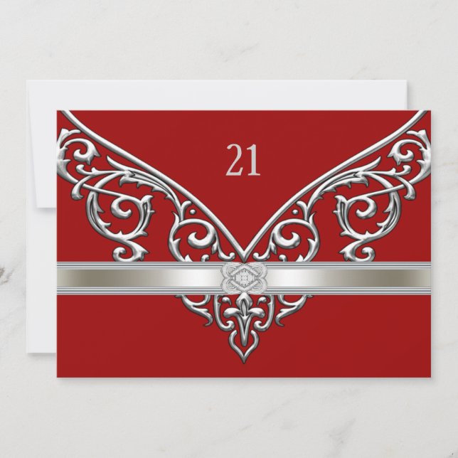 Red Silver Diamond Swirls 21st Birthday Party Invitation (Front)