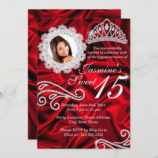 Red Silver Diamond Tiara Photo Quinceanera Invitation (Front/Back)
