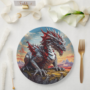 Red Silver Dragon Birthday Paper Plates