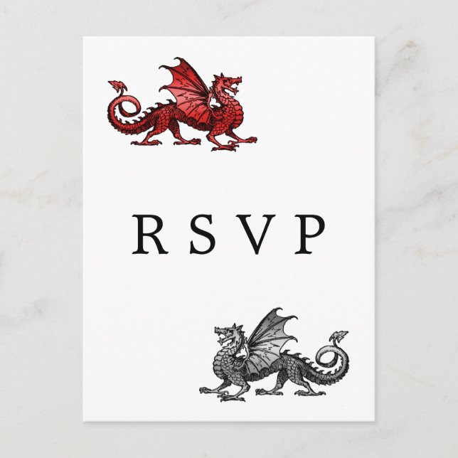 Red Silver Dragon Wedding RSVP Postcard (Front)