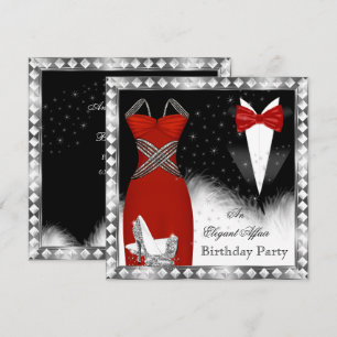 Red Silver Dress Black Tie Birthday Party 2 Invitation