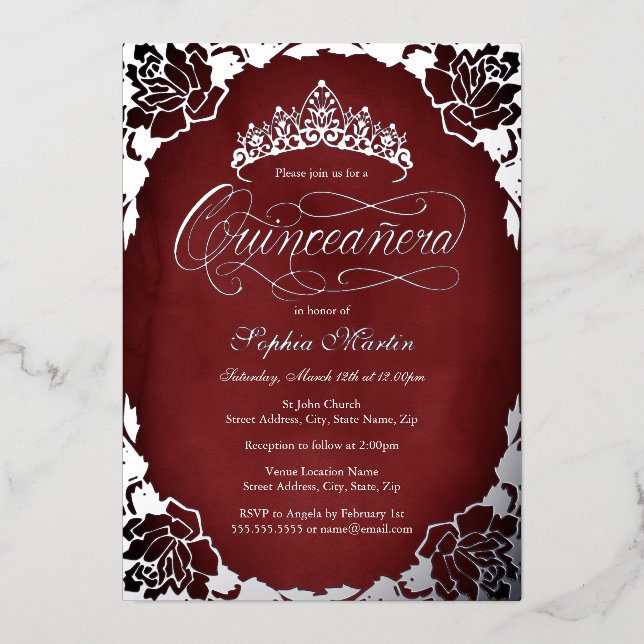 Red Silver Elegant Script Rose Quinceanera  (Front)