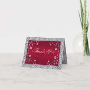 Red, Silver FAUX Foil Floral Thank You Card