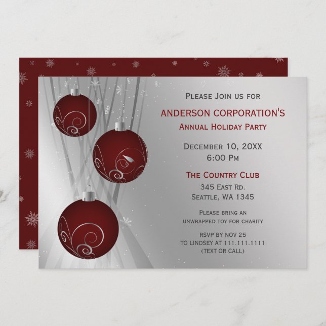 Red Silver Festive Corporate holiday party Invitation (Front/Back)