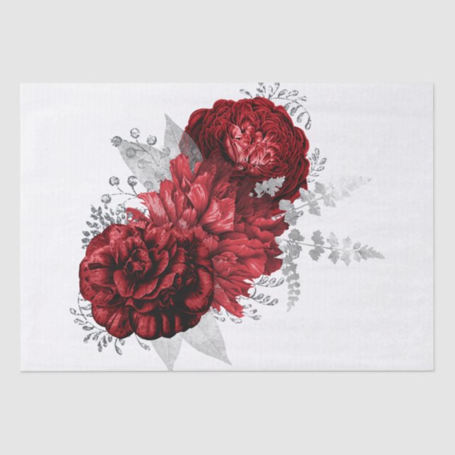 Red Silver Floral Bouquet Watercolor Decoupage Tissue Paper (Front)