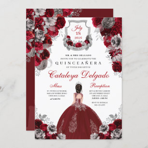 Red & Silver Floral Elegant Quinceañera Invitation
