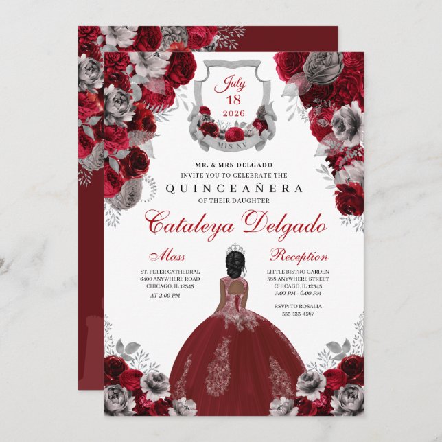 Red & Silver Floral Elegant Quinceañera Invitation (Front/Back)