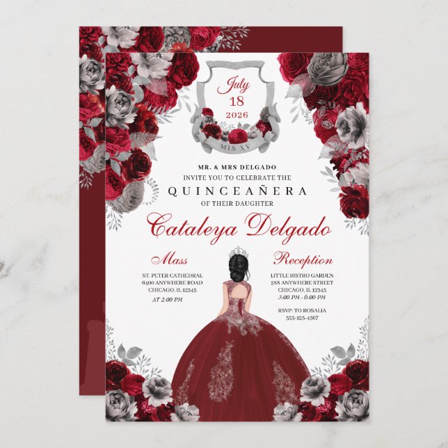 Red & Silver Floral Elegant Quinceañera Invitation (Front/Back)