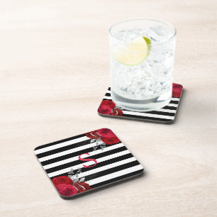 Red Silver Floral Monogram Black White Stripes Coaster