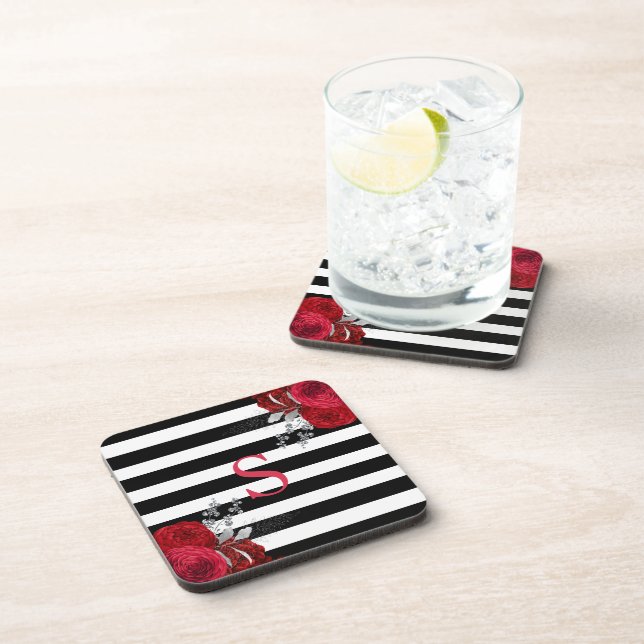 Red Silver Floral Monogram Black White Stripes Coaster (Right Side)