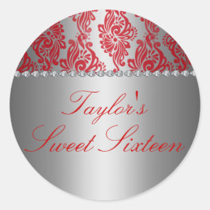 Red & Silver Floral Print Sweet 16 Sticker