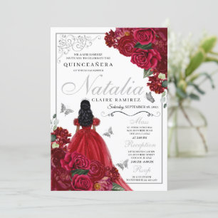Red & Silver Floral Quinceanera Birthday Invitatio Invitation