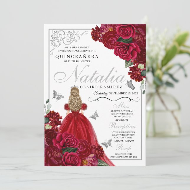 Red & Silver Floral Quinceanera Birthday Invitatio Invitation (Standing Front)