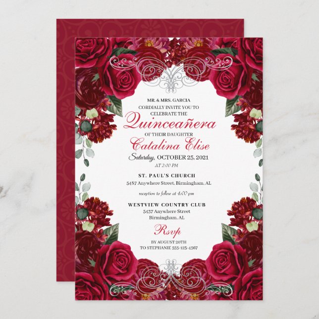 Red & Silver Floral Quinceanera Birthday  Invitation (Front/Back)