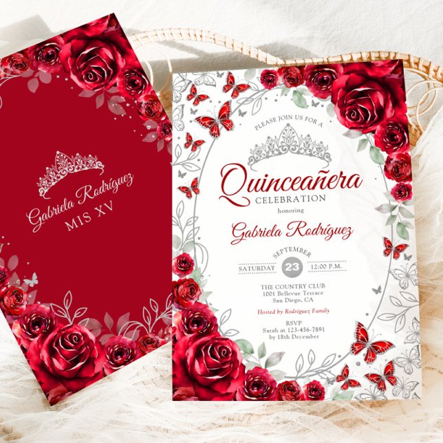 Red Silver Floral Quinceanera Invitation (Creator Uploaded)