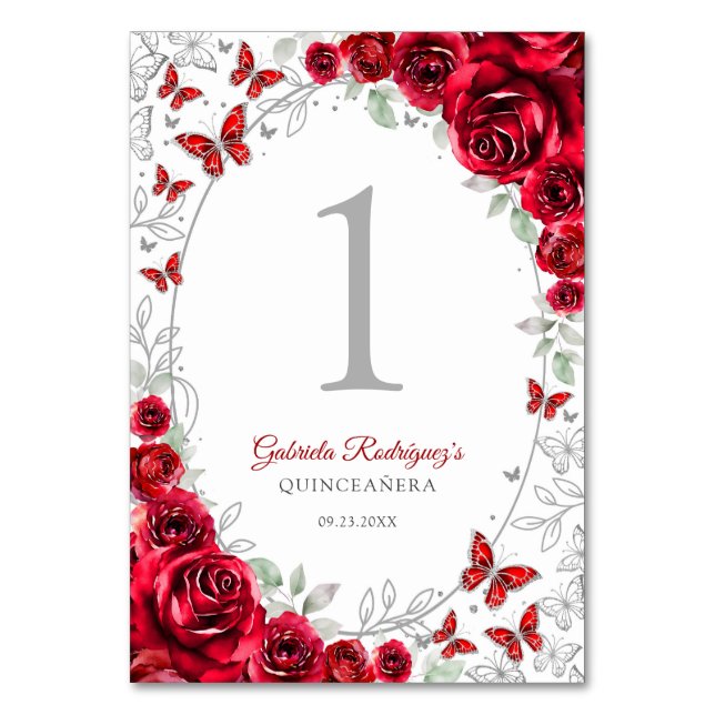 Red Silver Floral Quinceanera Table Number (Front)