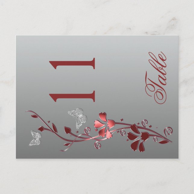 Red Silver Floral with Butterflies Table Number Postcard (Front)
