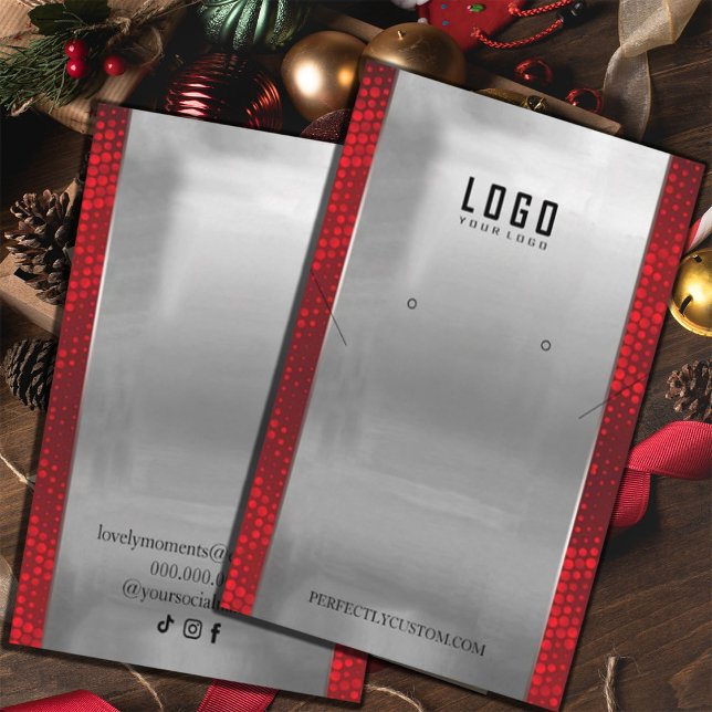 Red Silver Frame Modern necklace earrings Business Card (#zazzlemade #silverandred #earringsdisplaycards #fauxred #Christmas #newyear #party #glitterred)