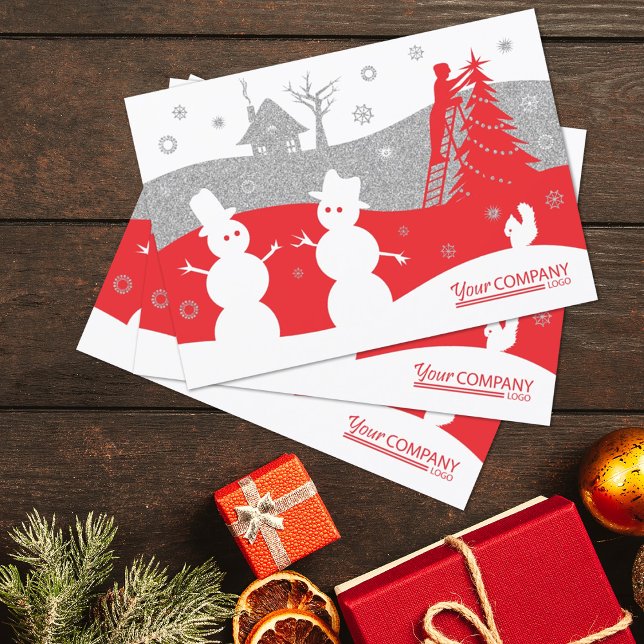 Red & Silver Glitter Company Holiday Card (red silver company holiday greeting cards, logo'd red logo client business Christmas cards snowmen)