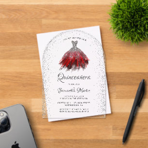 Red Silver Glitter Dress Quinceañera Party Acrylic Invitations