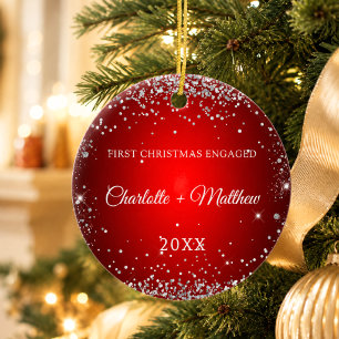 Red silver glitter engaged ceramic ornament