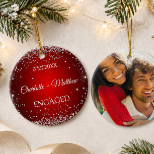 Red silver glitter engamement photo ceramic ornament