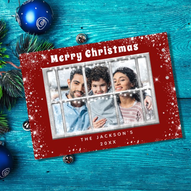 Red silver glitter photo window Christmas card (Creator Uploaded)