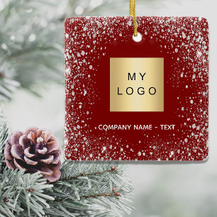 Red silver glitter sparkles business comapany logo ceramic ornament