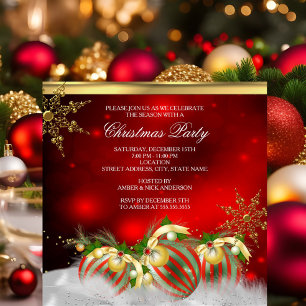 Red Silver Gold Holly Baubles Christmas Party 3 Invitation