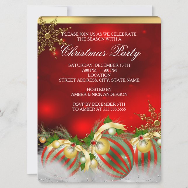 Red Silver Gold Holly Baubles Christmas Party 3 Invitation (Front)