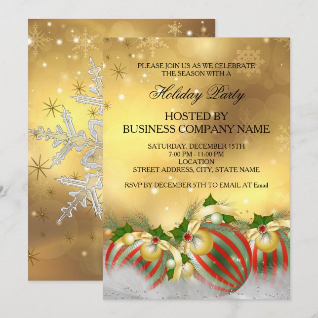 Red Silver Gold Holly Baubles Holiday Party Invitation (Front/Back)