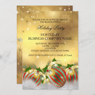 Red Silver Gold Holly Baubles Holiday Party Invitation