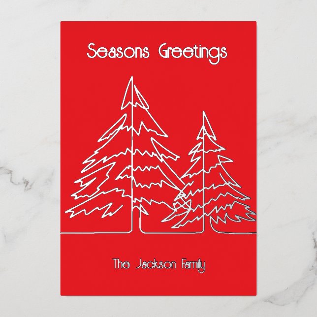 Red & Silver Graphic Christmas Tree Minimal   Foil Holiday Card (Front)