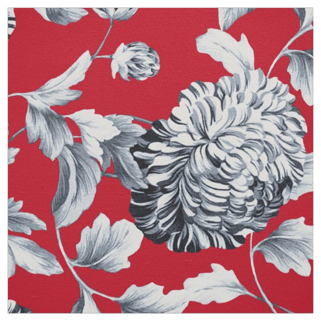 Red Silver Gray Floral Toile Fabric (Swatch)