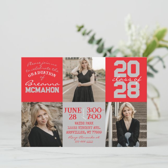 Red & Silver Grey 3 Photo Graduation Invitation (Standing Front)