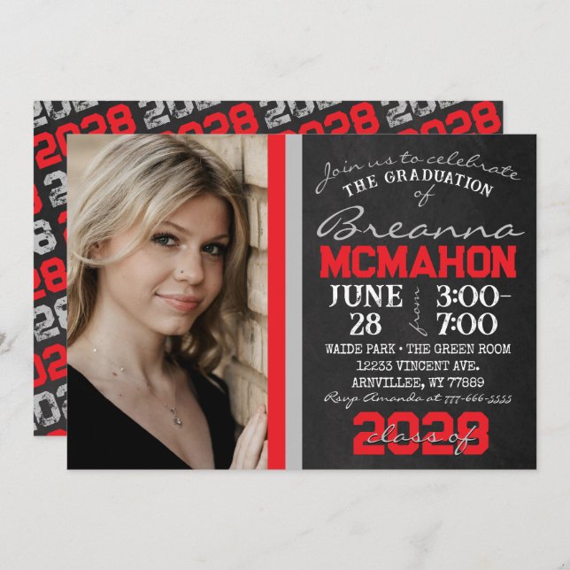 Red & Silver Grey Chalkboard Graduation Photo Invitation (Front/Back)
