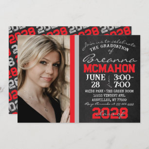 Red & Silver Grey Chalkboard Graduation Photo Invitation
