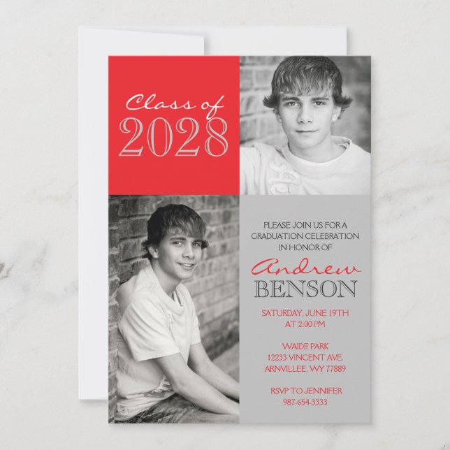 Red & Silver Grey Classic 2 Photo Graduation Invitation (Front)