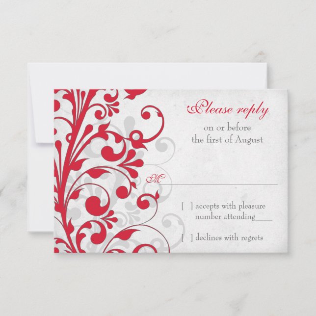 Red Silver Grey Grey Floral Wedding RSVP Reply (Front)